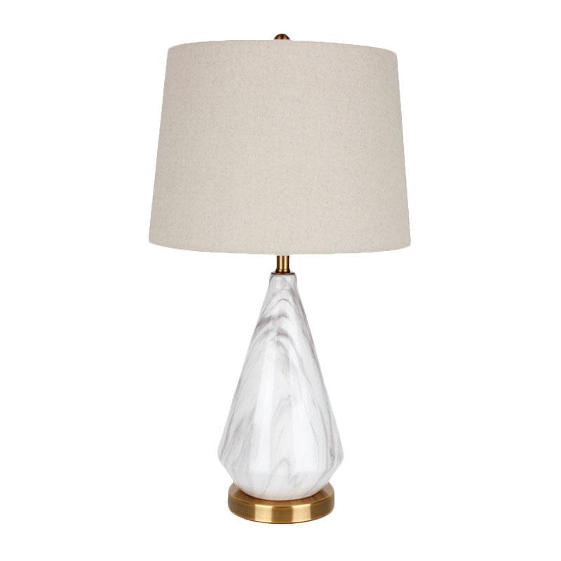 White Marble Geometric Diamond Table Lamp with White Fabric Shade and Copper Accents