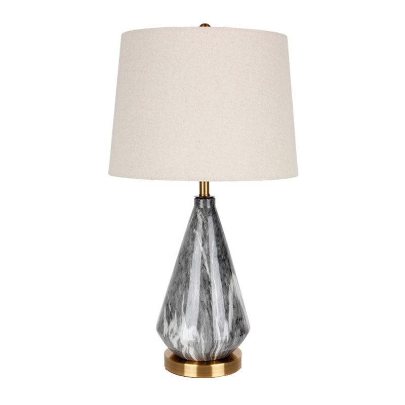 White Marble Geometric Diamond Table Lamp with White Fabric Shade and Copper Accents