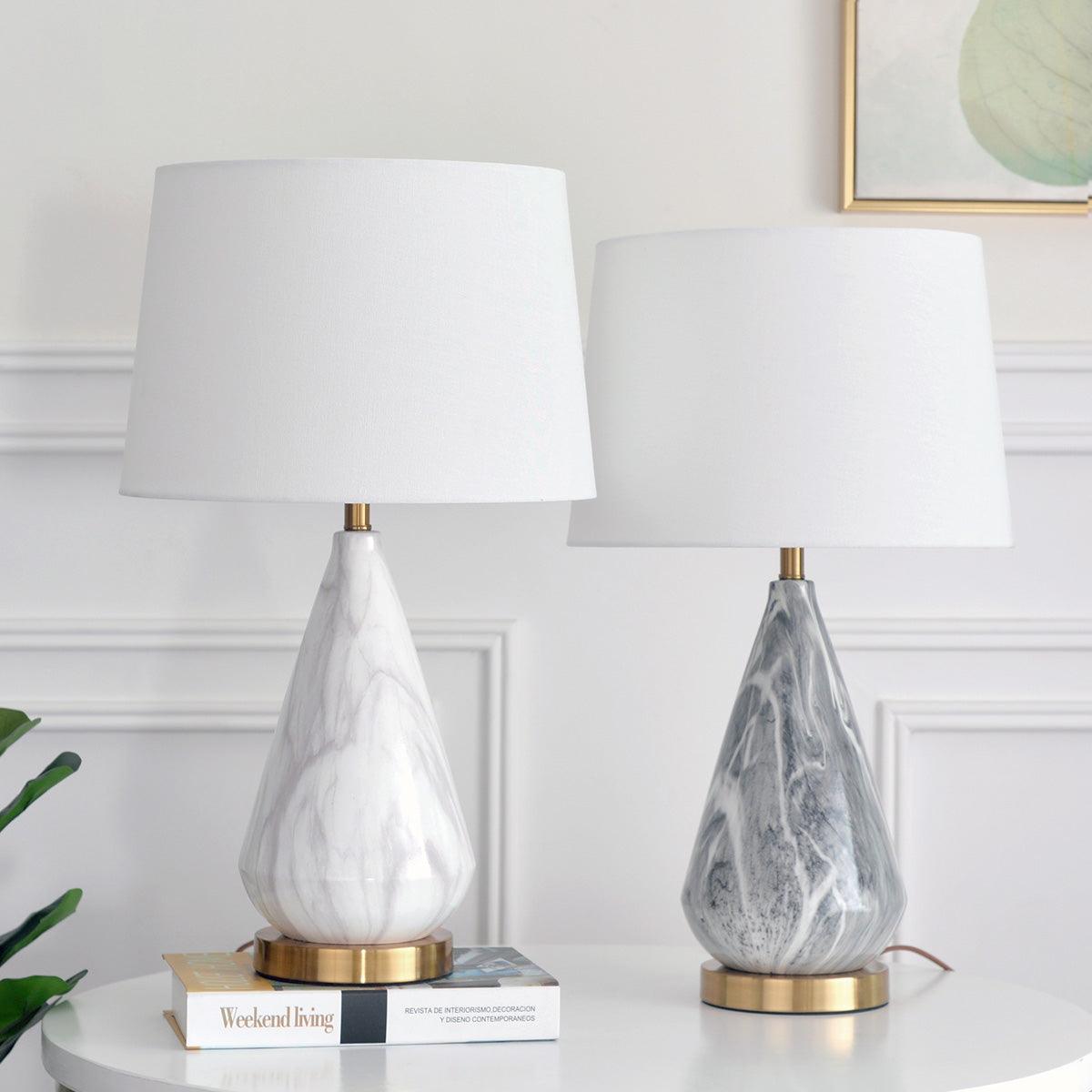 White Marble Geometric Diamond Table Lamp with White Fabric Shade and Copper Accents