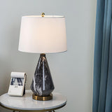 White Marble Geometric Diamond Table Lamp with White Fabric Shade and Copper Accents