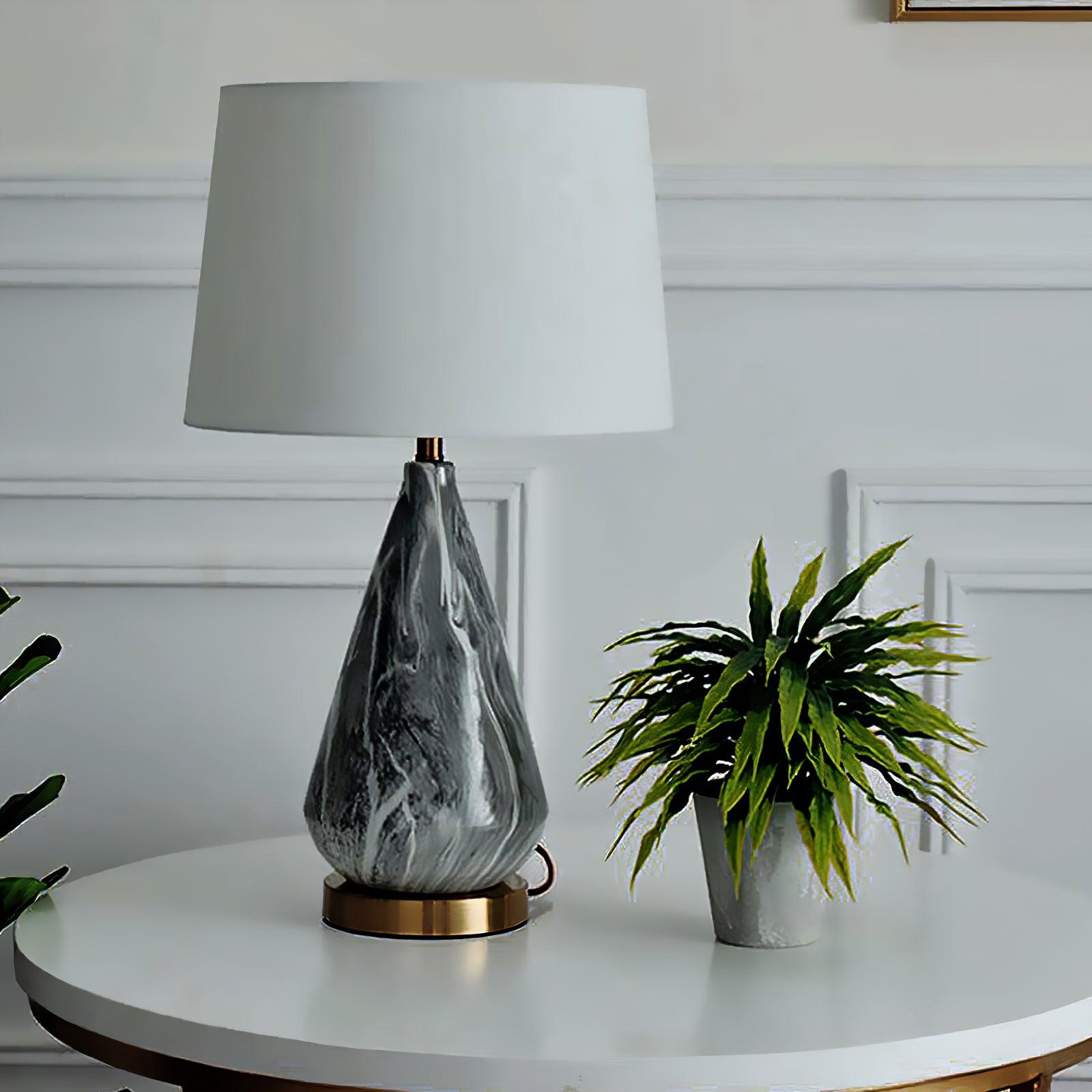 White Marble Geometric Diamond Table Lamp with White Fabric Shade and Copper Accents
