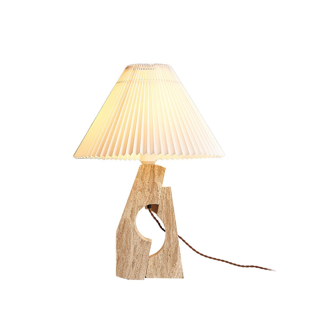 Natural Yellow Travertine Pillar Table Lamp with White Fabric Shade for Modern Interior Decor
