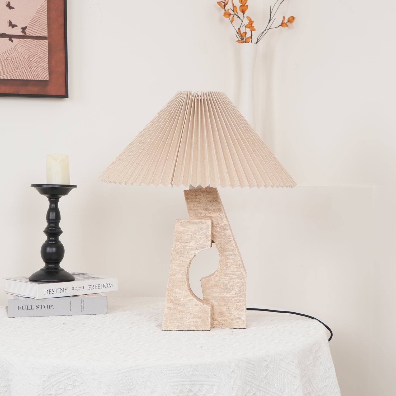 Natural Yellow Travertine Pillar Table Lamp with White Fabric Shade for Modern Interior Decor