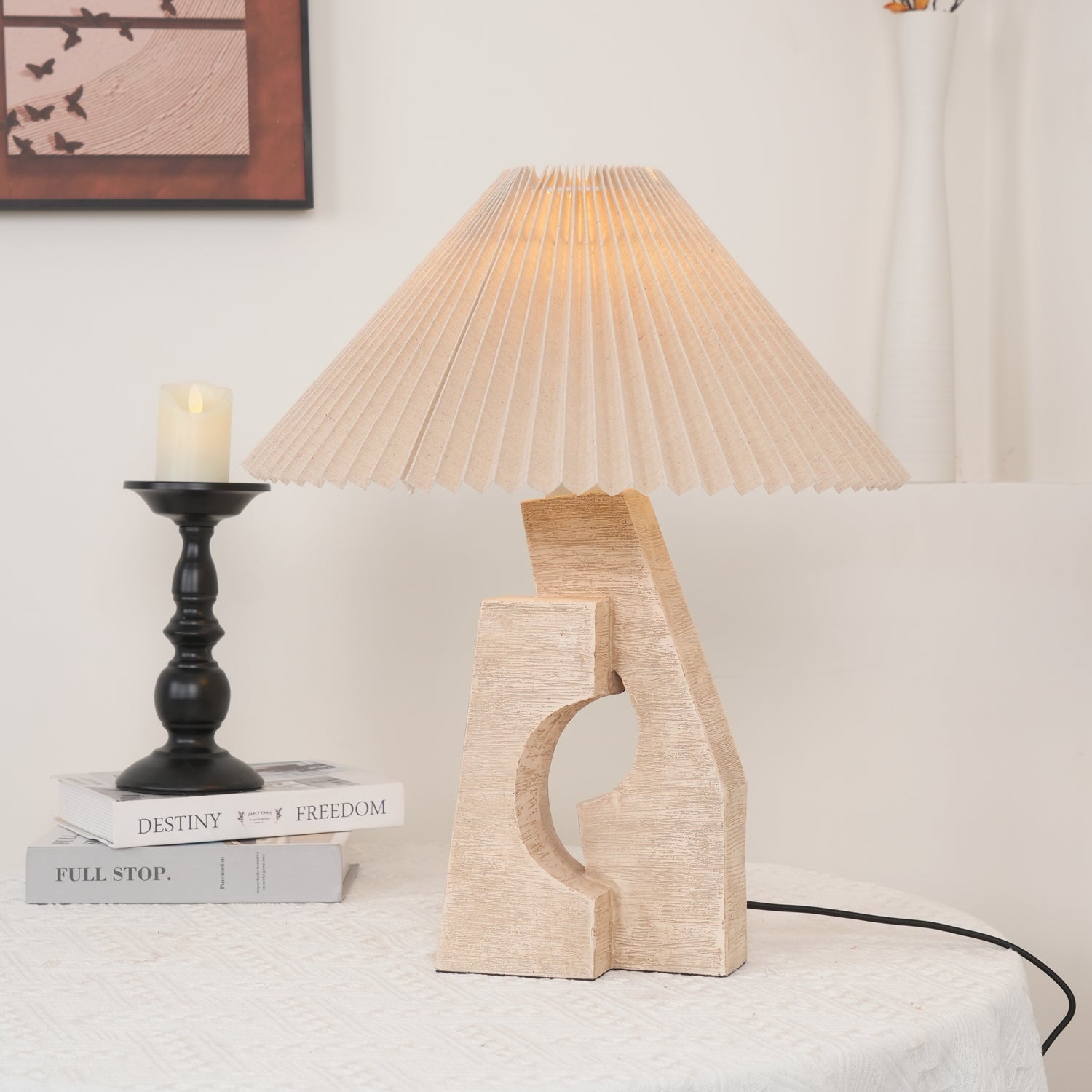 Natural Yellow Travertine Pillar Table Lamp with White Fabric Shade for Modern Interior Decor