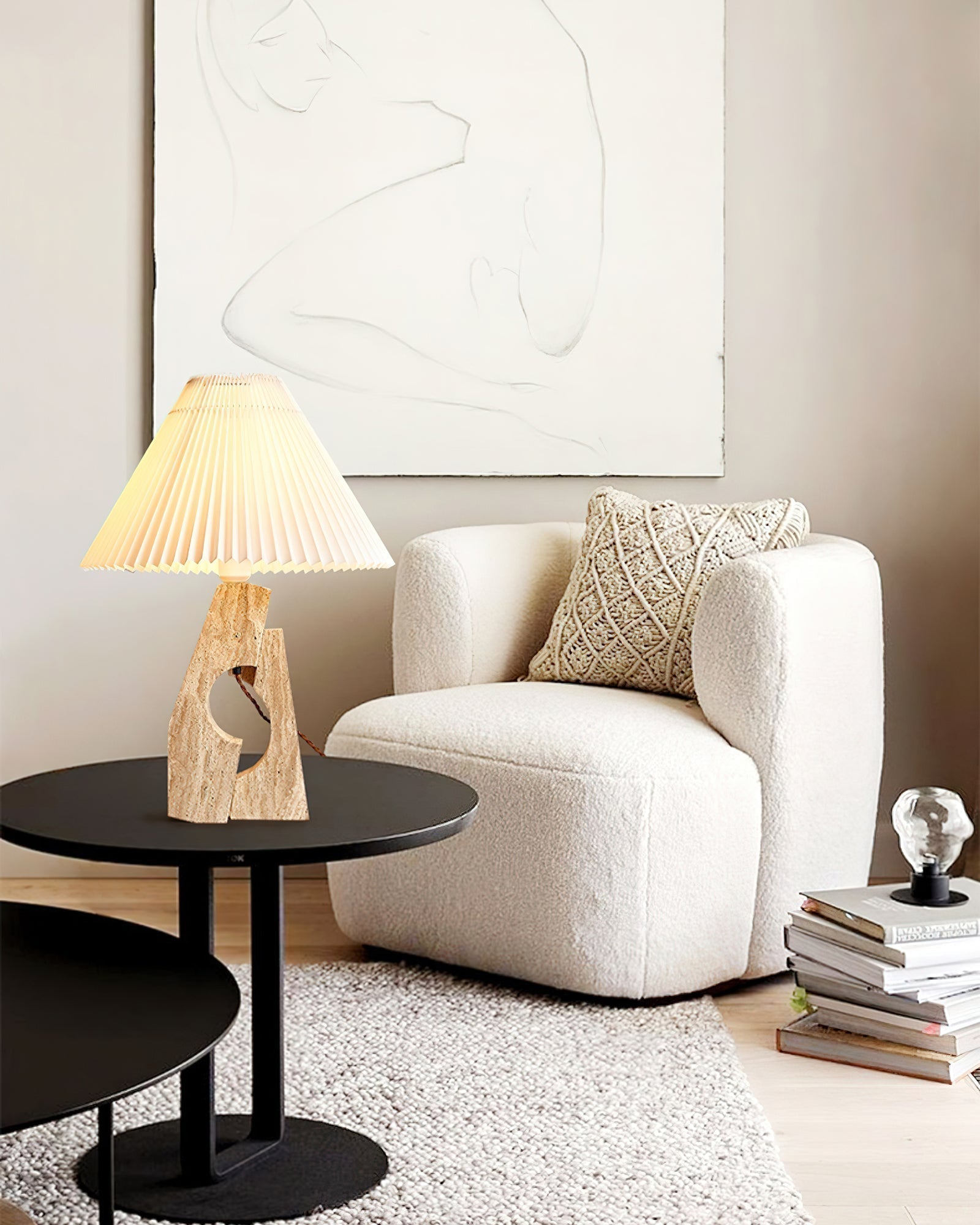 Natural Yellow Travertine Pillar Table Lamp with White Fabric Shade for Modern Interior Decor