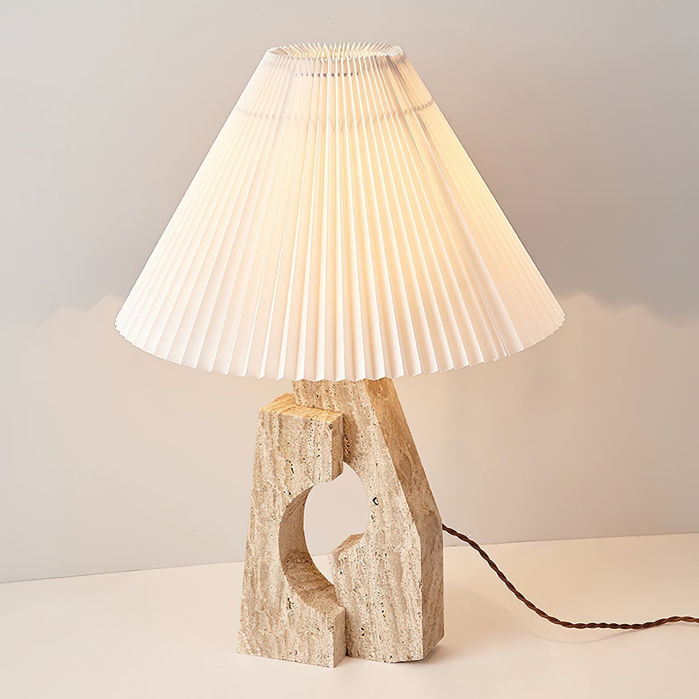 Natural Yellow Travertine Pillar Table Lamp with White Fabric Shade for Modern Interior Decor