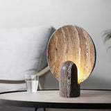 Modern Travertine Stone Eclipse Table Lamp Minimalist Circular Nightstand Lighting