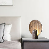 Modern Travertine Stone Eclipse Table Lamp Minimalist Circular Nightstand Lighting