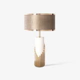 Streamline Modern Gold Marble Table Lamp with Champagne Fabric Shade and White Lacquered Base