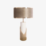 Streamline Modern Gold Marble Table Lamp with Champagne Fabric Shade and White Lacquered Base