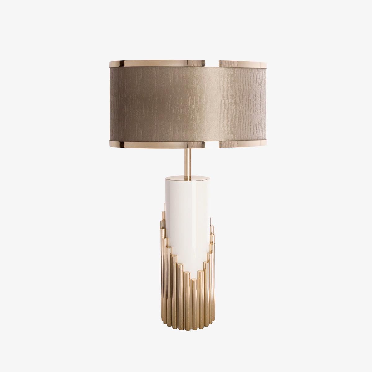Streamline Modern Gold Marble Table Lamp with Champagne Fabric Shade and White Lacquered Base
