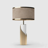 Streamline Modern Gold Marble Table Lamp with Champagne Fabric Shade and White Lacquered Base