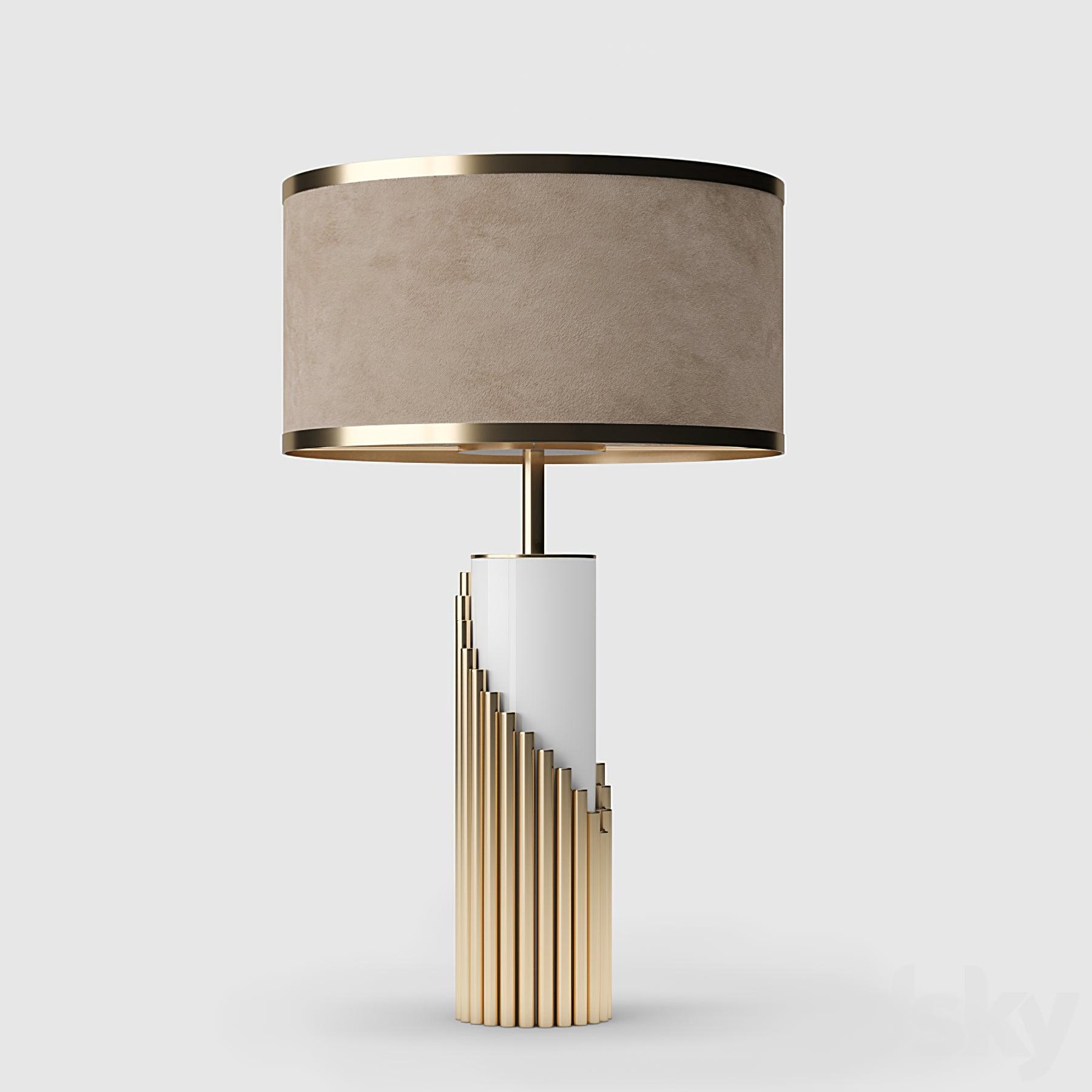 Streamline Modern Gold Marble Table Lamp with Champagne Fabric Shade and White Lacquered Base