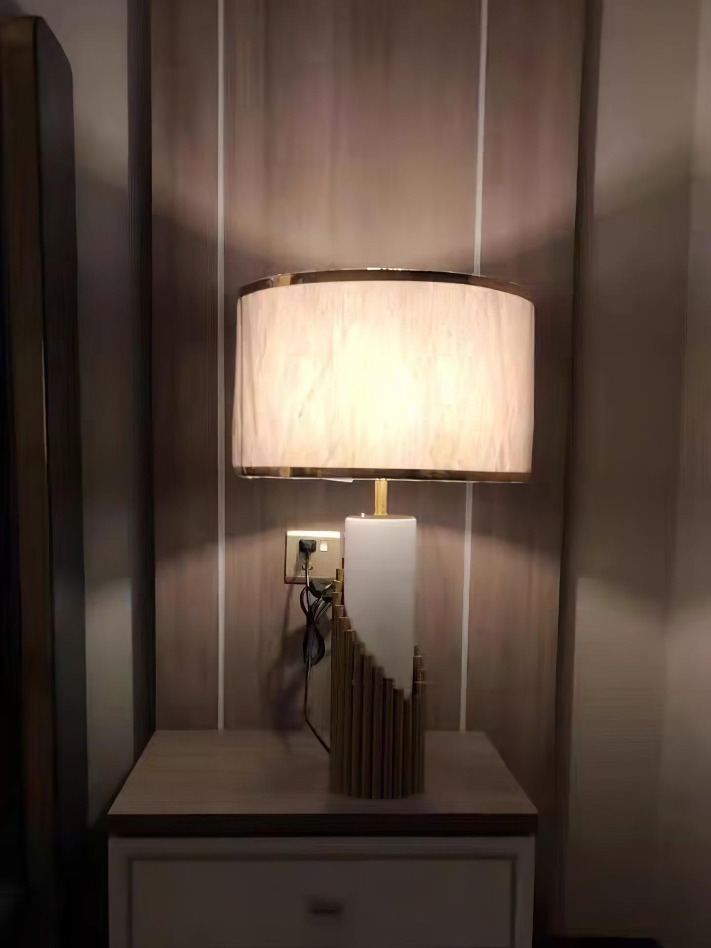 Streamline Modern Gold Marble Table Lamp with Champagne Fabric Shade and White Lacquered Base