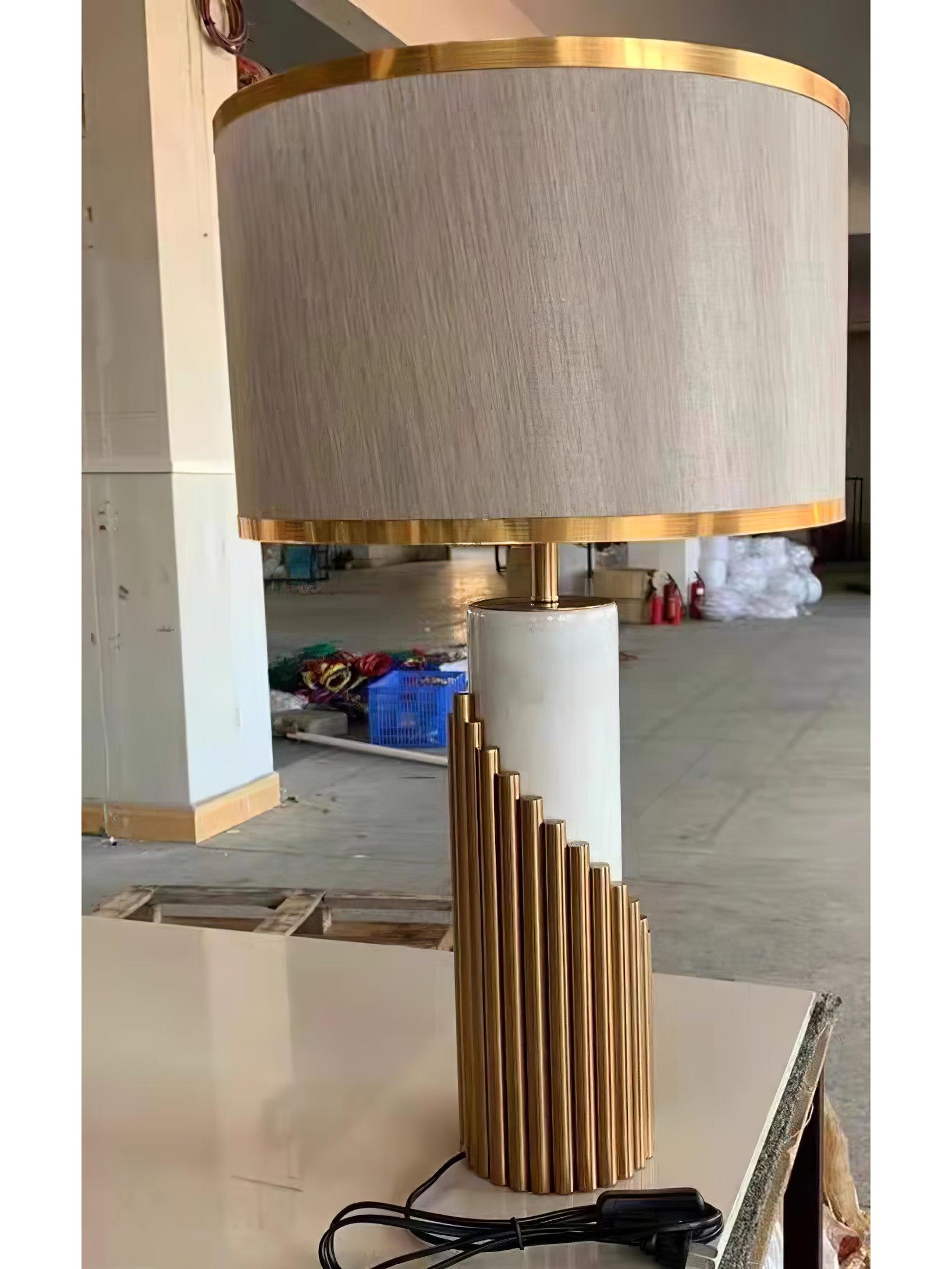 Streamline Modern Gold Marble Table Lamp with Champagne Fabric Shade and White Lacquered Base