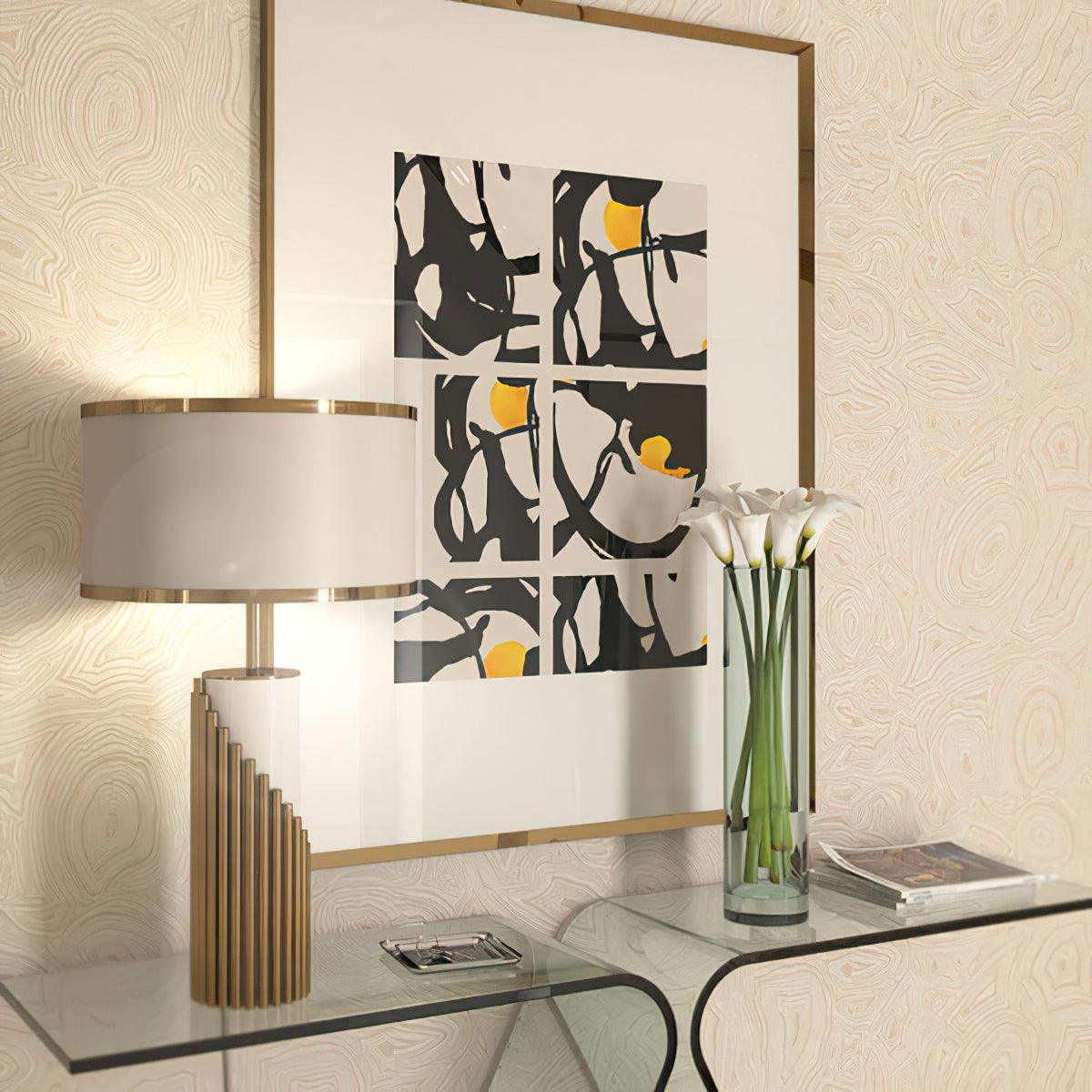 Streamline Modern Gold Marble Table Lamp with Champagne Fabric Shade and White Lacquered Base