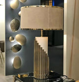 Streamline Modern Gold Marble Table Lamp with Champagne Fabric Shade and White Lacquered Base