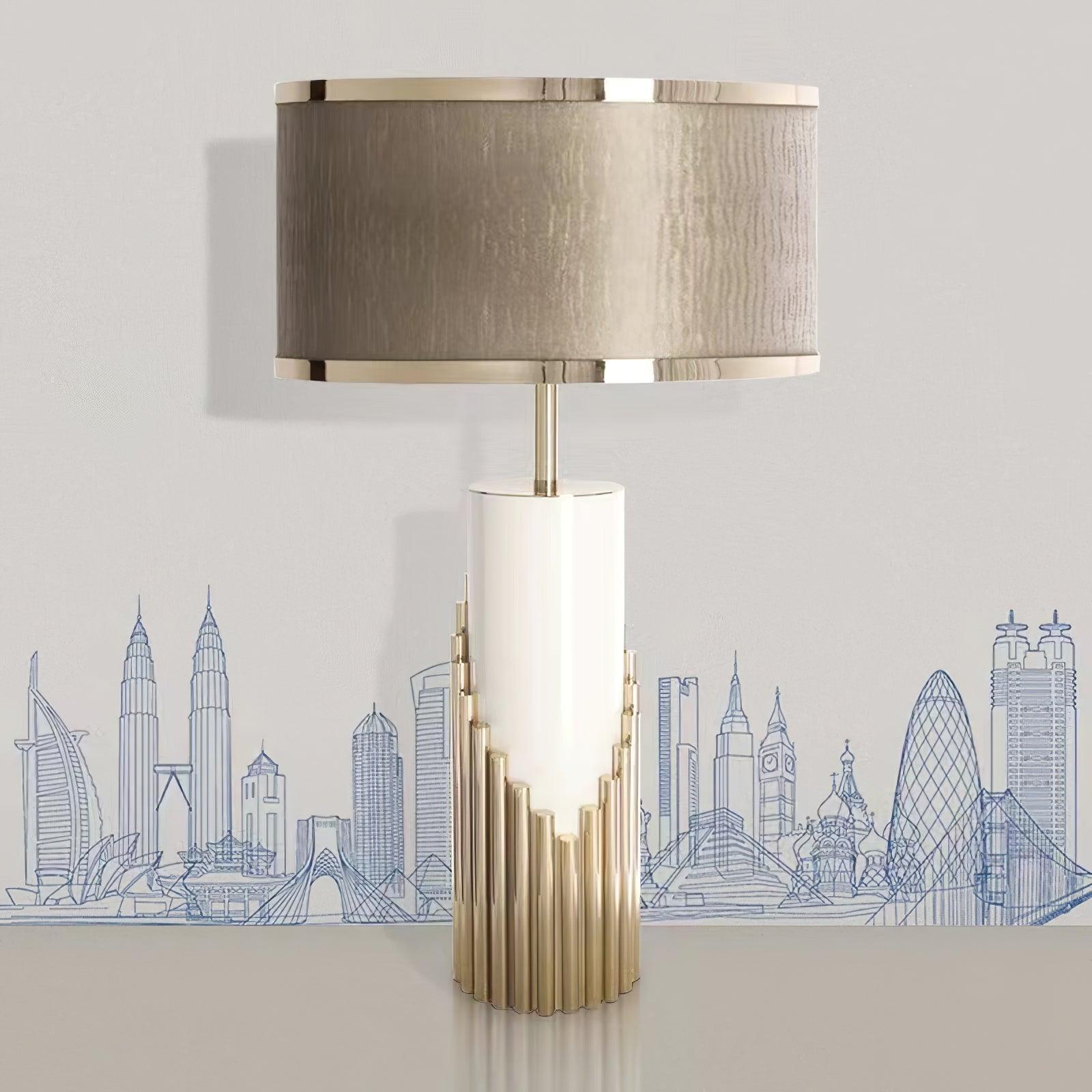 Streamline Modern Gold Marble Table Lamp with Champagne Fabric Shade and White Lacquered Base