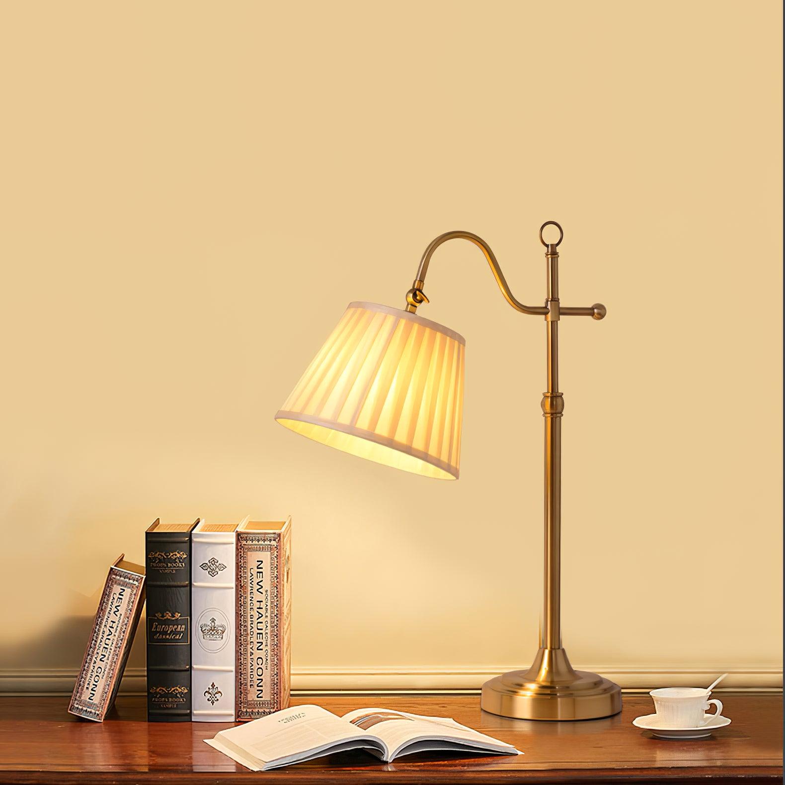 Traditional Antique Brass Table Lamp with Pleated Cream Shade and Adjustable Height