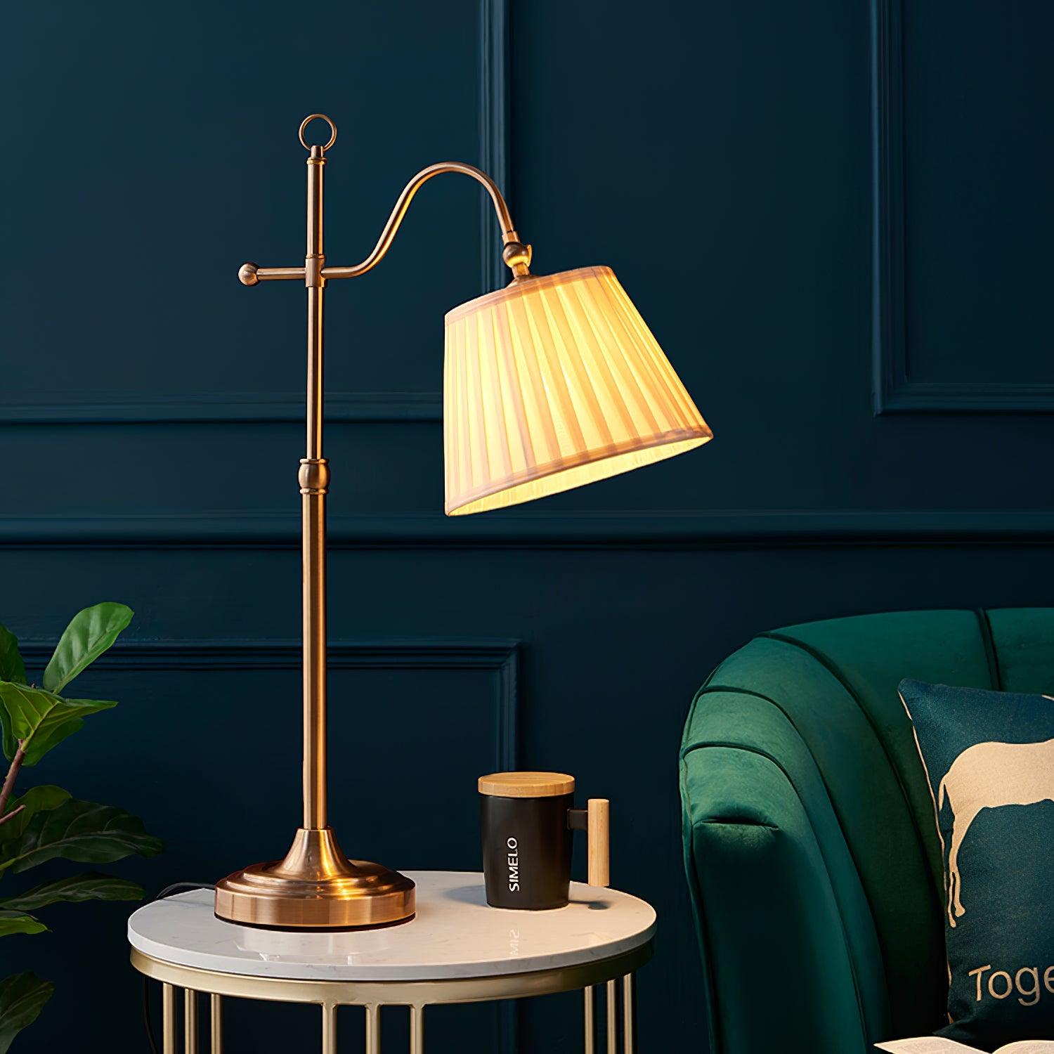 Traditional Antique Brass Table Lamp with Pleated Cream Shade and Adjustable Height