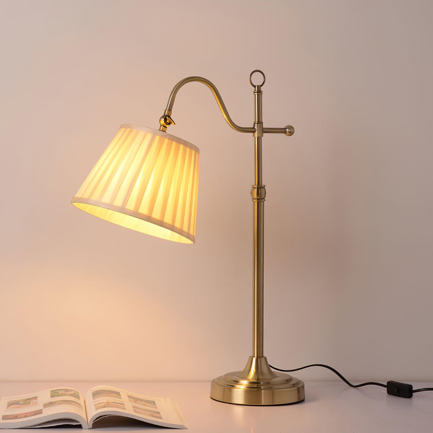 Traditional Antique Brass Table Lamp with Pleated Cream Shade and Adjustable Height