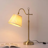 Traditional Antique Brass Table Lamp with Pleated Cream Shade and Adjustable Height