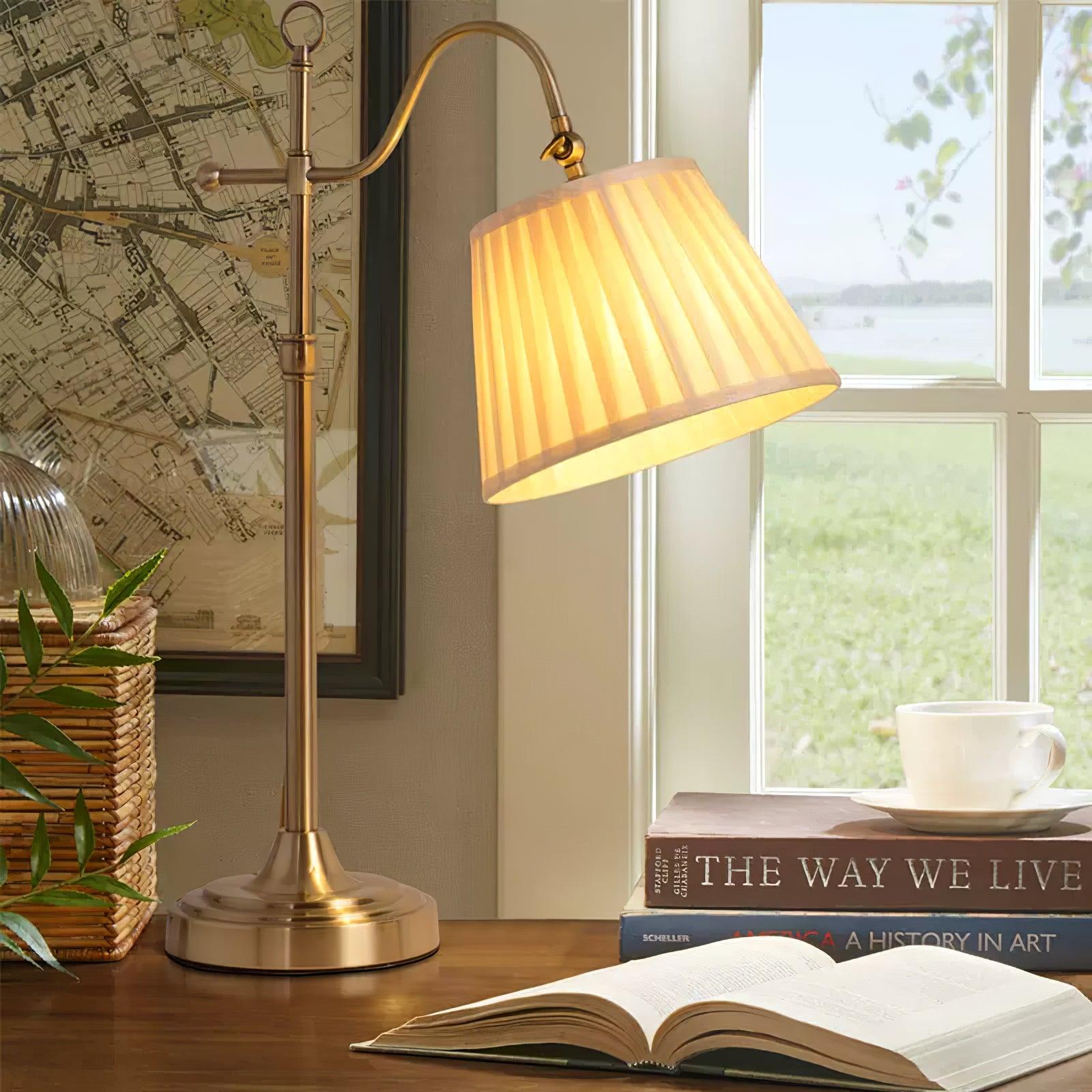 Traditional Antique Brass Table Lamp with Pleated Cream Shade and Adjustable Height