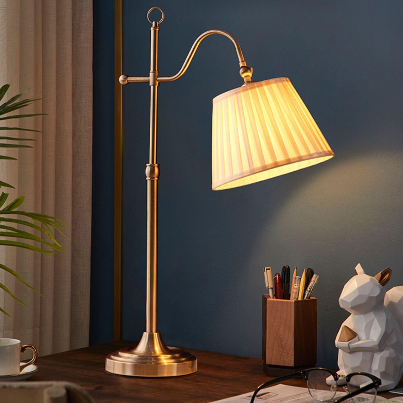 Traditional Antique Brass Table Lamp with Pleated Cream Shade and Adjustable Height