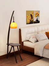 Walnut Wood Arc Floor Lamp with Caramel Glass Shade for Ambient Living Room Lighting
