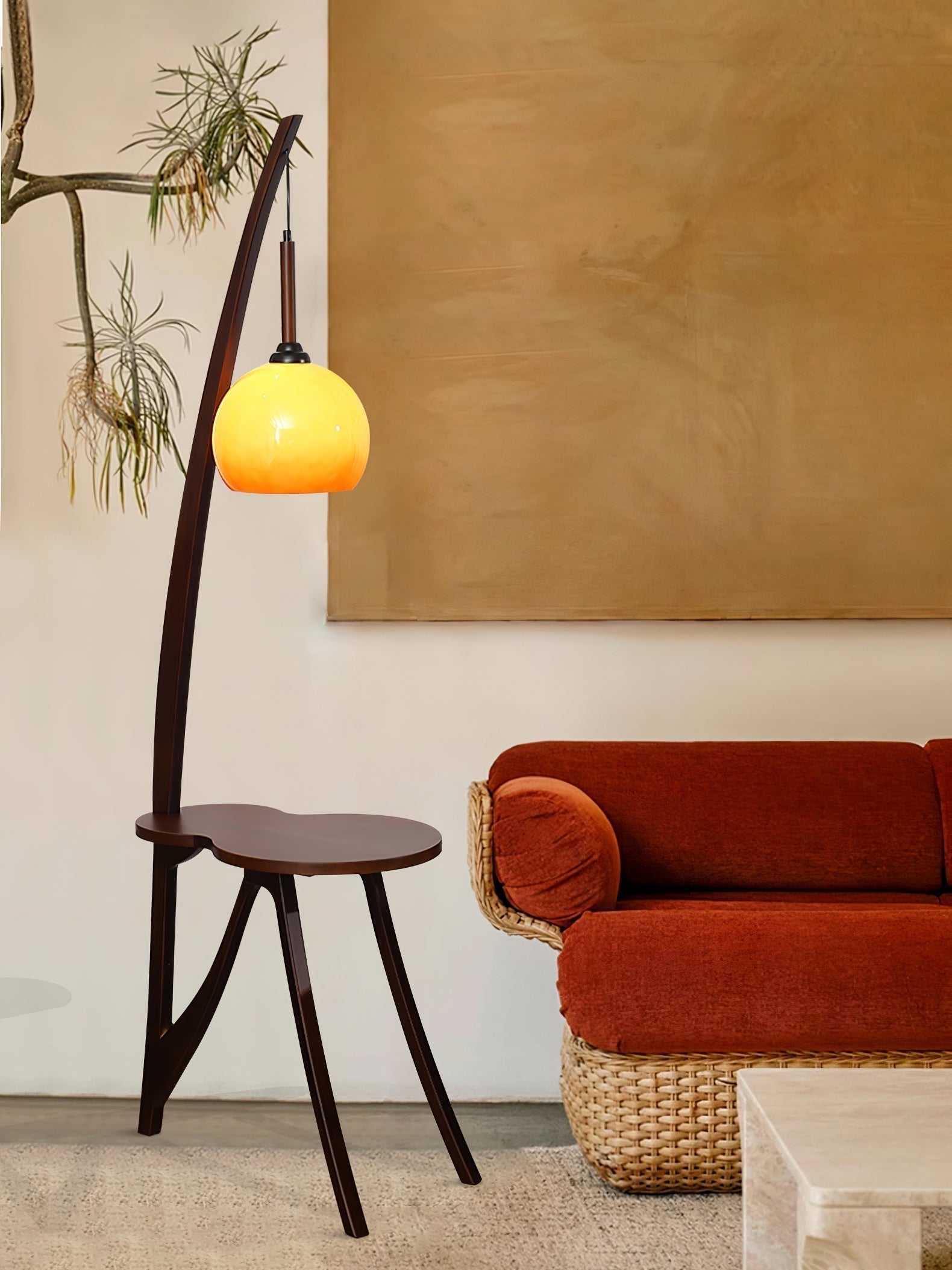 Walnut Wood Arc Floor Lamp with Caramel Glass Shade for Ambient Living Room Lighting