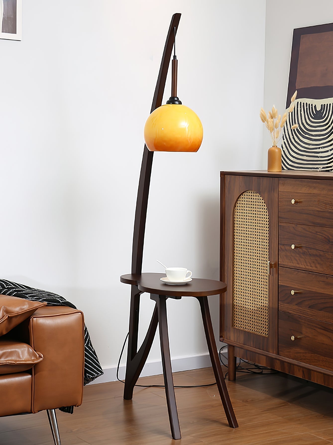 Walnut Wood Arc Floor Lamp with Caramel Glass Shade for Ambient Living Room Lighting