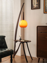 Walnut Wood Arc Floor Lamp with Caramel Glass Shade for Ambient Living Room Lighting