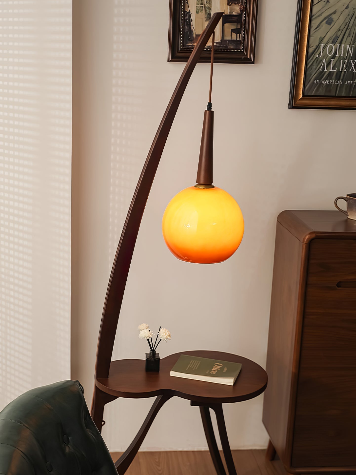 Walnut Wood Arc Floor Lamp with Caramel Glass Shade for Ambient Living Room Lighting