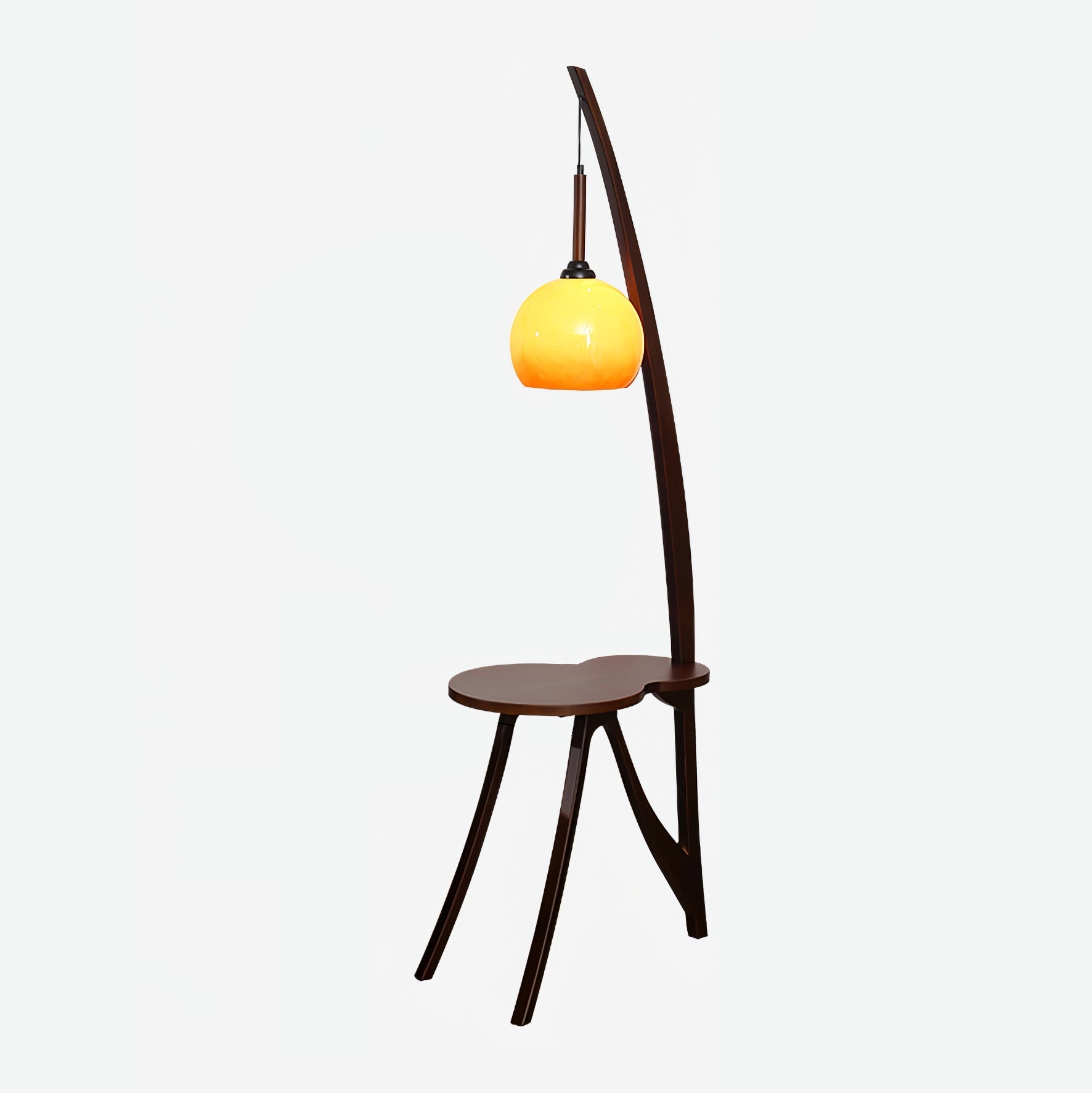 Walnut Wood Arc Floor Lamp with Caramel Glass Shade for Ambient Living Room Lighting