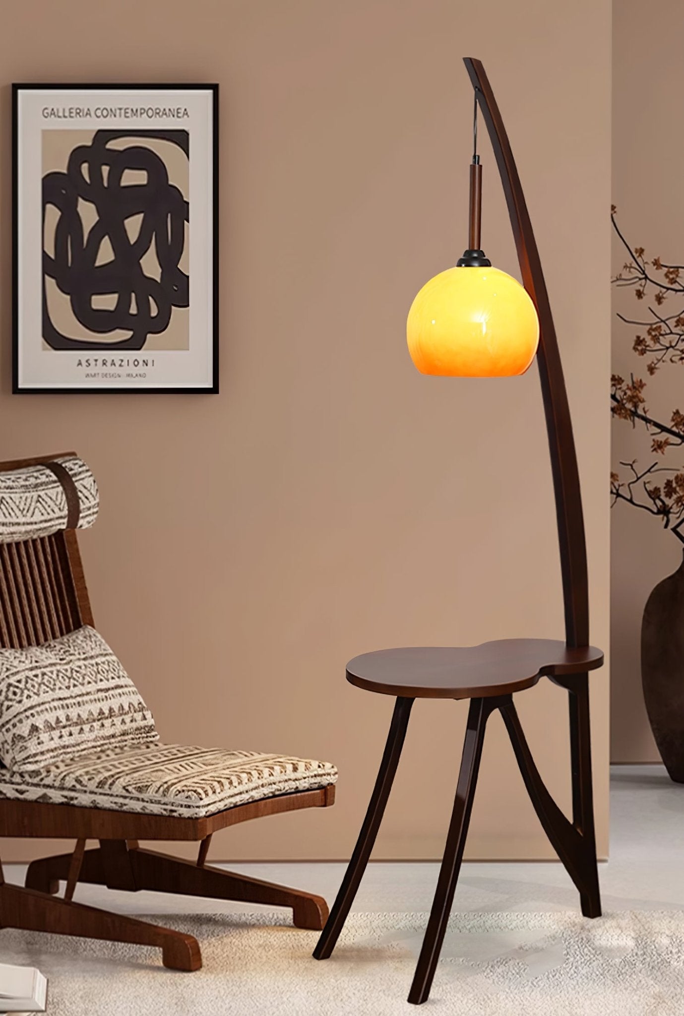 Walnut Wood Arc Floor Lamp with Caramel Glass Shade for Ambient Living Room Lighting