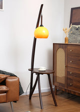 Walnut Wood Arc Floor Lamp with Caramel Glass Shade for Ambient Living Room Lighting