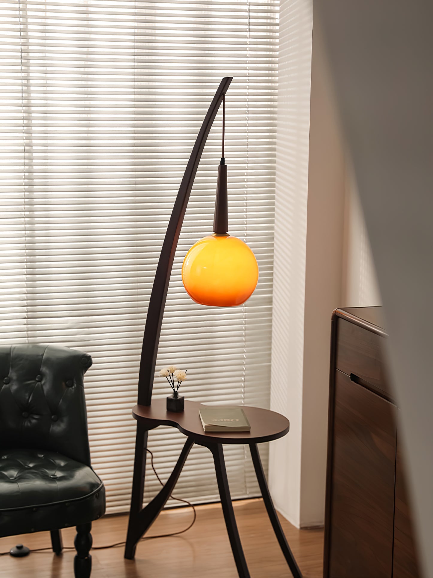 Walnut Wood Arc Floor Lamp with Caramel Glass Shade for Ambient Living Room Lighting