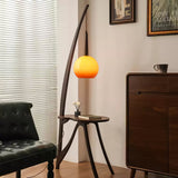 Walnut Wood Arc Floor Lamp with Caramel Glass Shade for Ambient Living Room Lighting