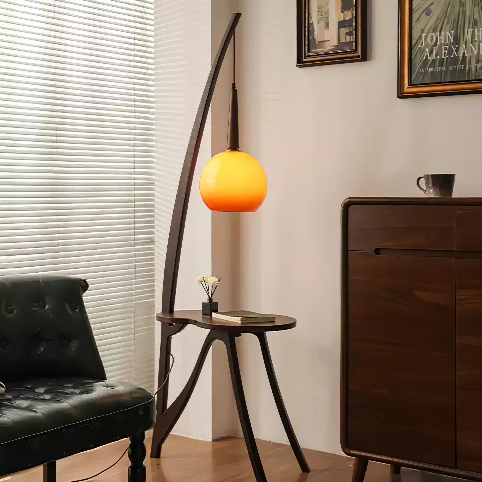 Walnut Wood Arc Floor Lamp with Caramel Glass Shade for Ambient Living Room Lighting