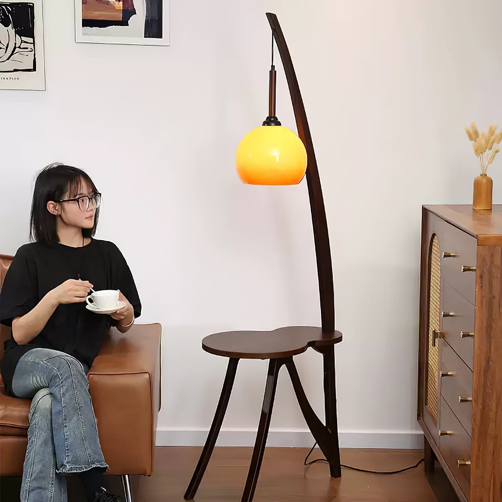 Walnut Wood Arc Floor Lamp with Caramel Glass Shade for Ambient Living Room Lighting