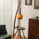 Walnut Wood Arc Floor Lamp with Caramel Glass Shade for Ambient Living Room Lighting
