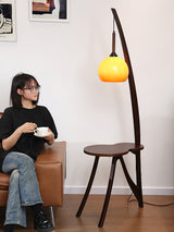 Walnut Wood Arc Floor Lamp with Caramel Glass Shade for Ambient Living Room Lighting