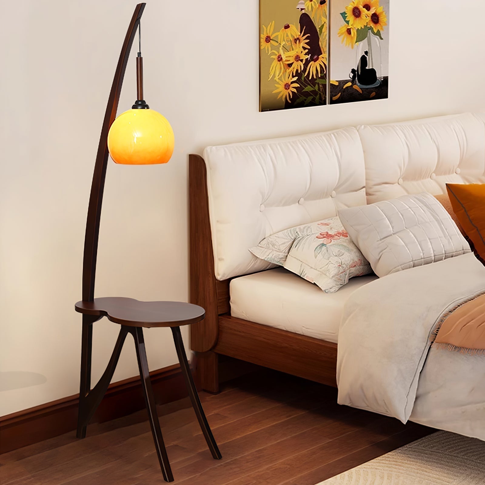 Walnut Wood Arc Floor Lamp with Caramel Glass Shade for Ambient Living Room Lighting