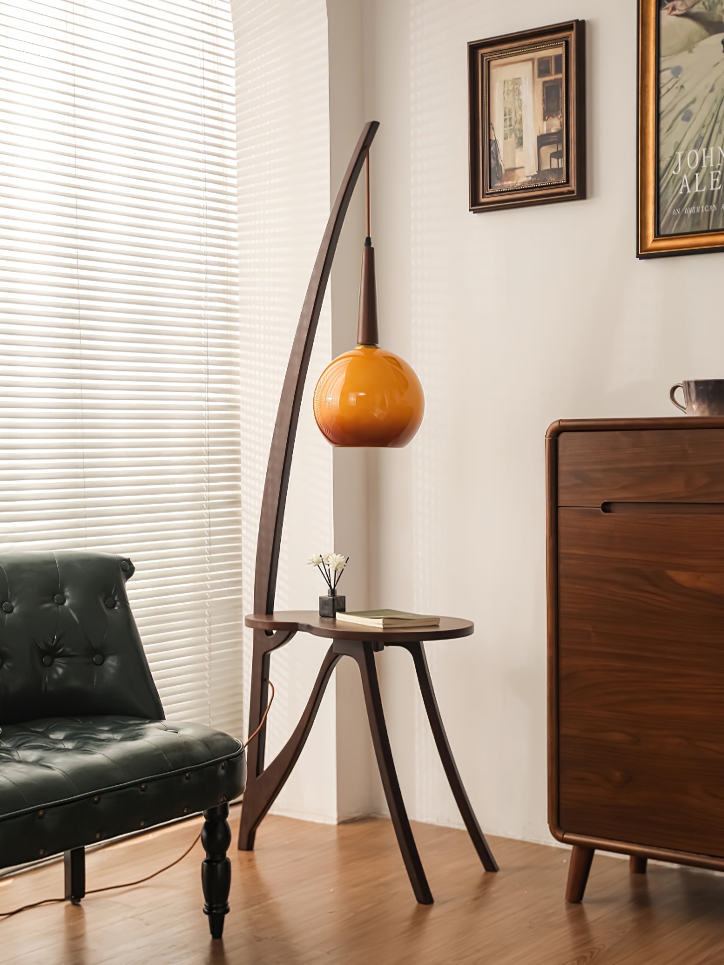 Walnut Wood Arc Floor Lamp with Caramel Glass Shade for Ambient Living Room Lighting