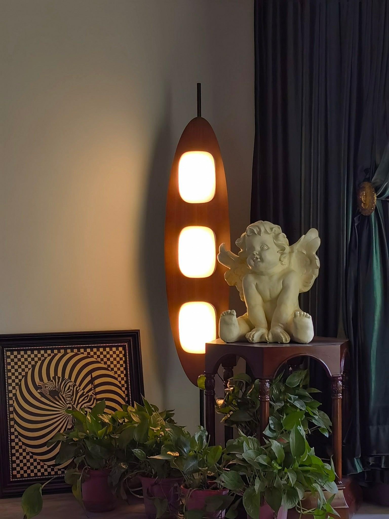 Modern Coastal Teak Wood Surfboard LED Floor Lamp with Marble Base