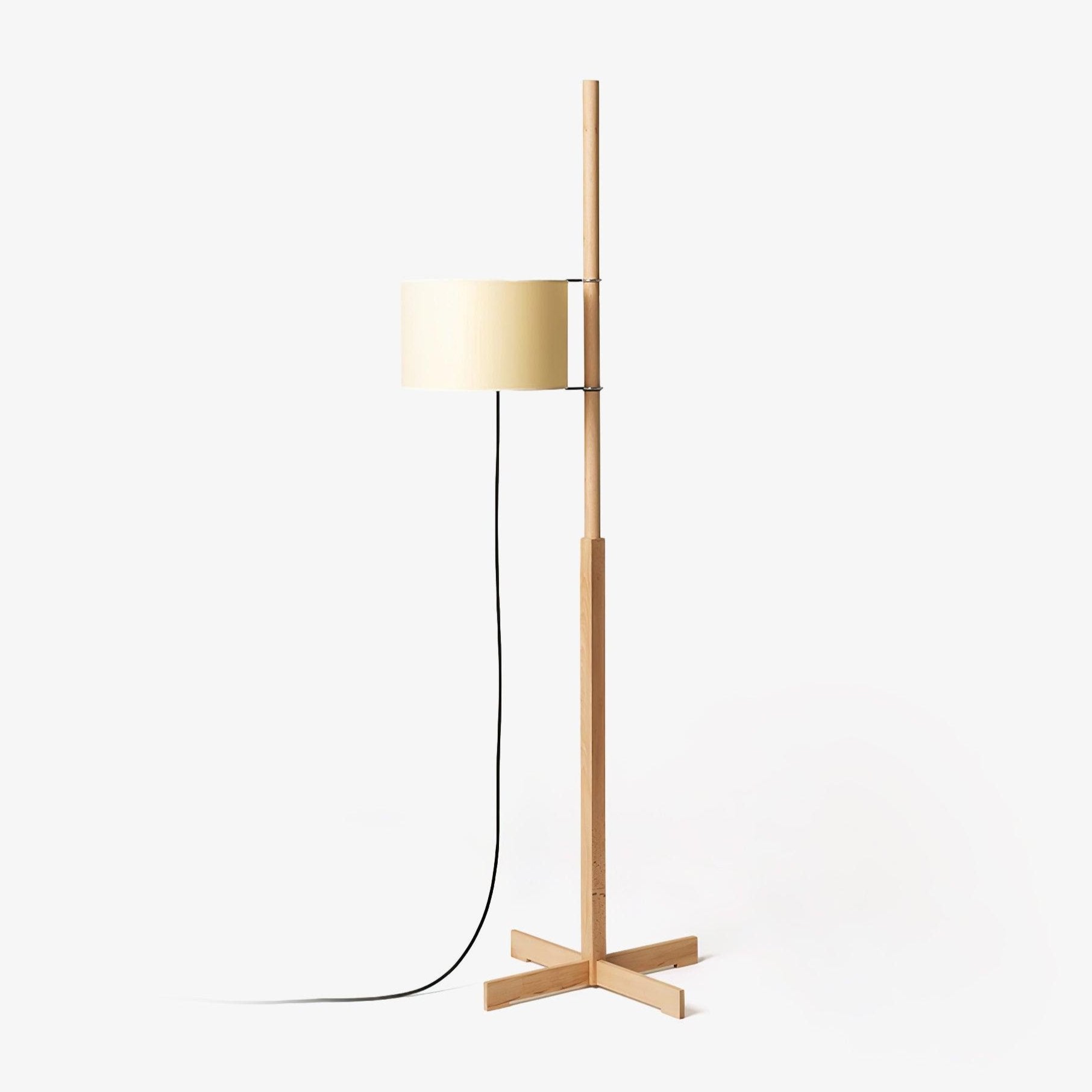 Modern Slim Silhouette Floor Lamp with Geometric Wood Base and White Fabric Shade