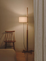 Modern Slim Silhouette Floor Lamp with Geometric Wood Base and White Fabric Shade