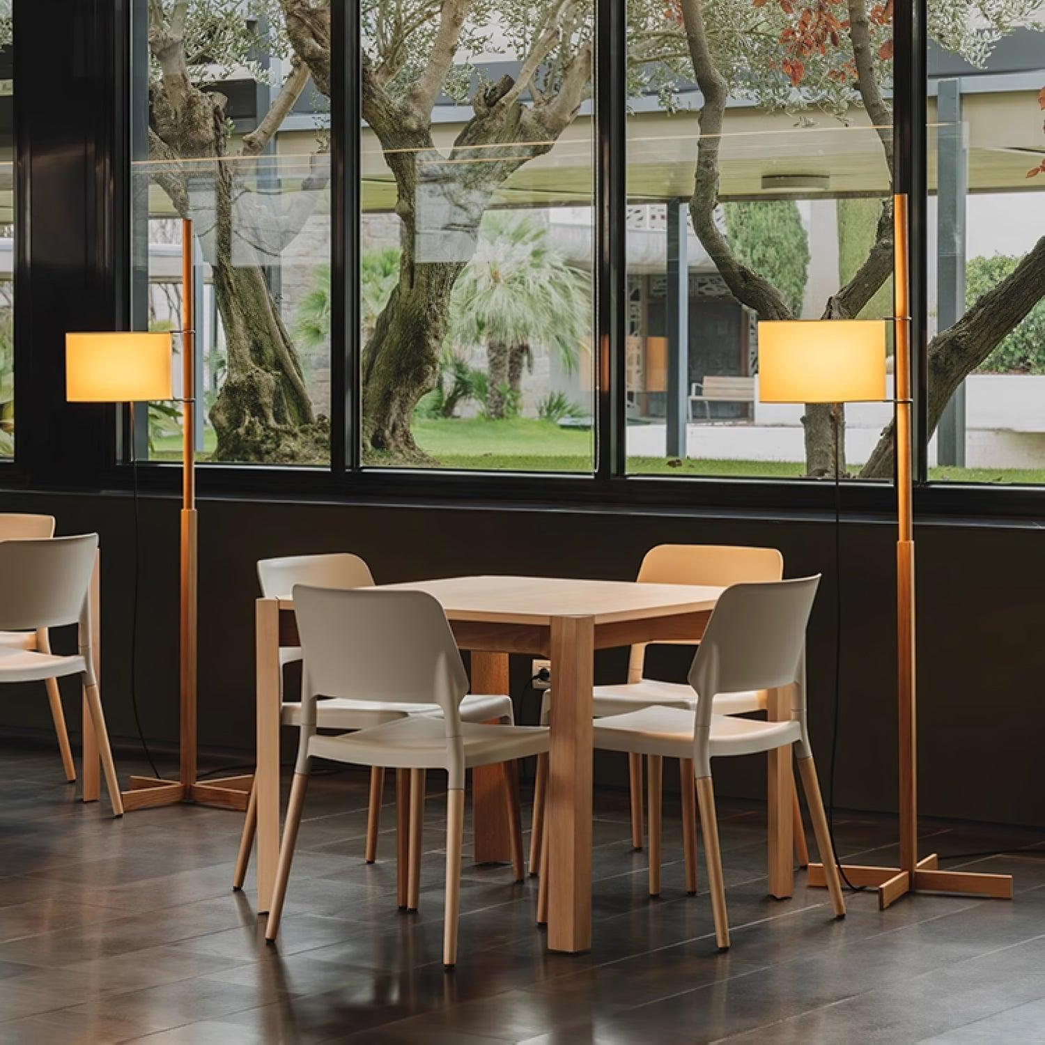 Modern Slim Silhouette Floor Lamp with Geometric Wood Base and White Fabric Shade
