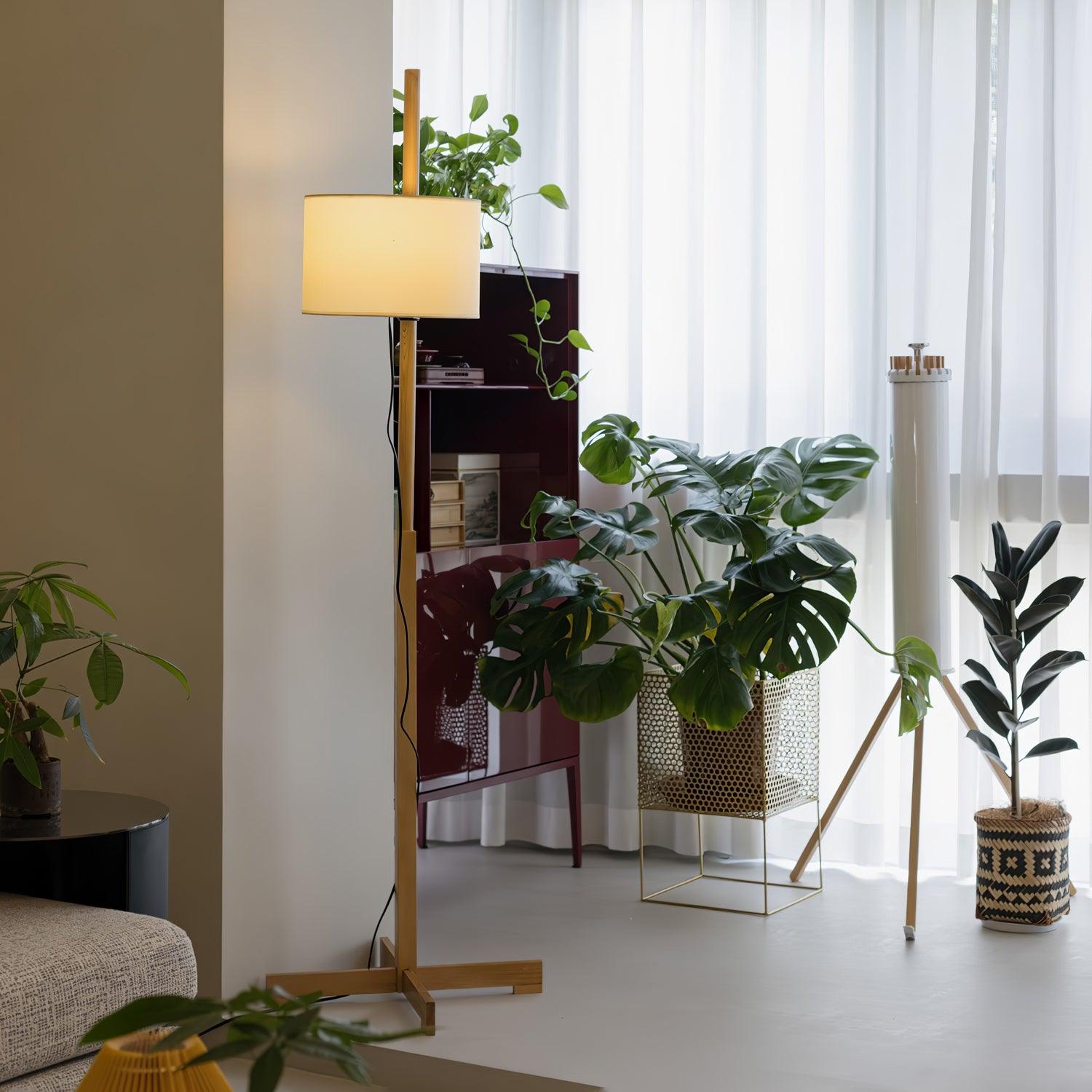 Modern Slim Silhouette Floor Lamp with Geometric Wood Base and White Fabric Shade