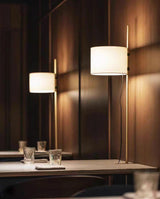 Modern Slim Silhouette Floor Lamp with Geometric Wood Base and White Fabric Shade